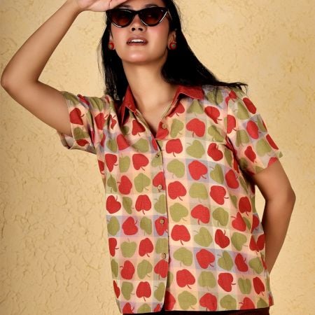 Handcrafted Apple Print Cotton Half Sleeve Casual Shirt